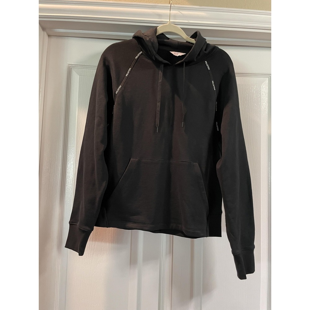 Peloton Hoodie Mens Small Black Tape Logo Pullover Cotton Knit Kangaroo Pocket